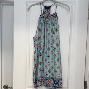 BeBop Asymmetrical Dress in Teal and Pink Geometric Pattern